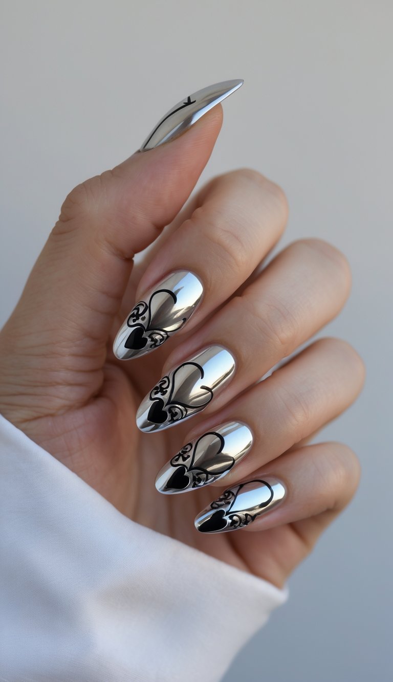 A modern heart nail art idea featuring reflective silver nails with elegant black heart outlines and scroll patterns, blending sleek minimalism with classic charm.
