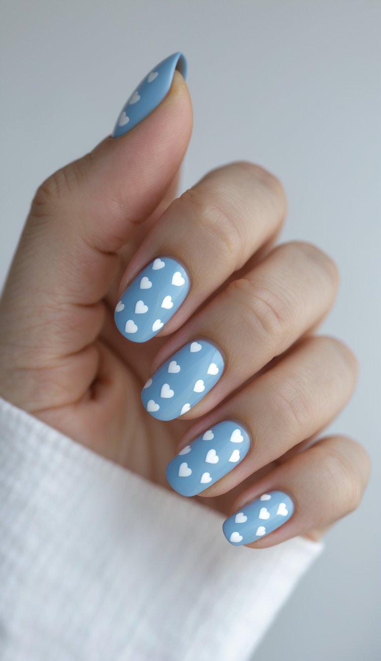 A hand with a heart nail art idea featuring playful white hearts scattered on matte powder blue nails, giving a dreamy and lighthearted look.