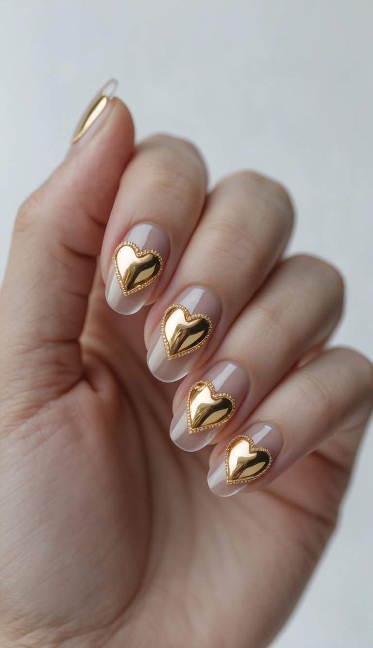 A hand with sheer pink nails featuring puffy golden heart embellishments, reflecting a bold and glamorous heart nail art idea perfect for trendsetters.