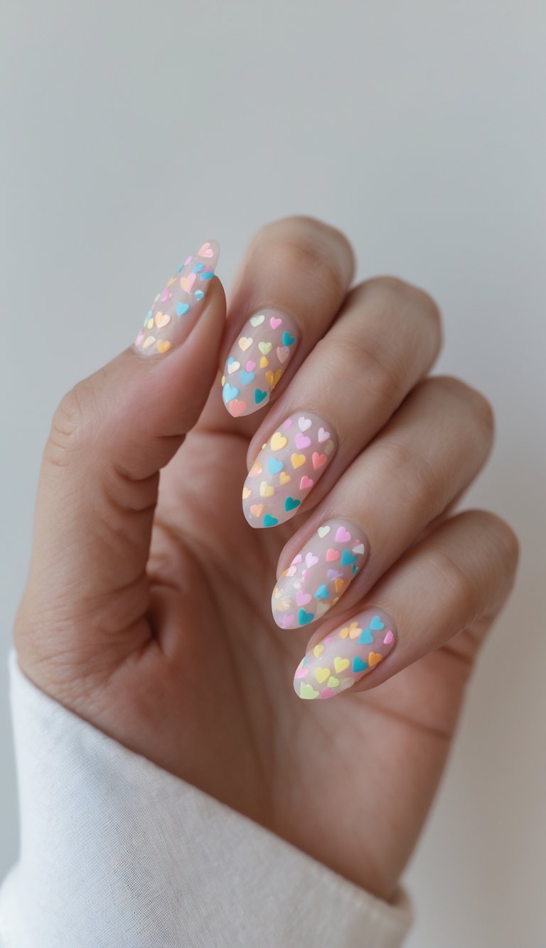 Hand with almond-shaped nails painted in a sheer base, decorated with scattered pastel heart confetti in yellow, blue, pink, and purple.