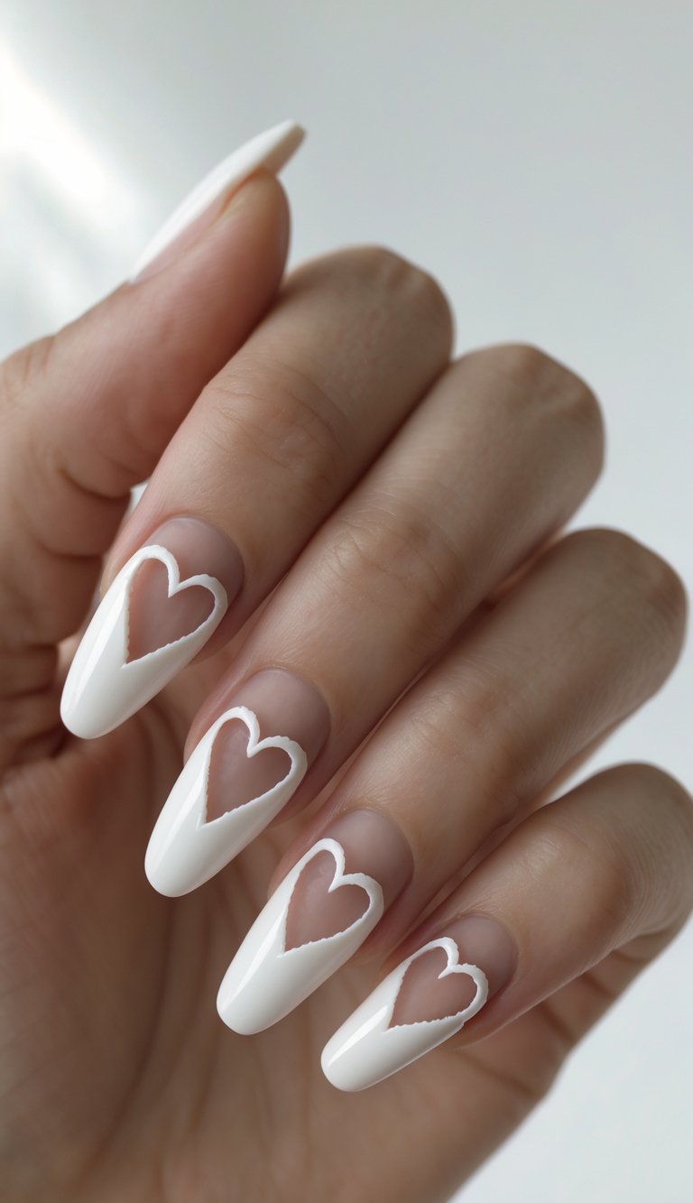 Hand with almond-shaped nails painted in glossy white, each featuring a clean-cut negative space heart design in the center of the nail bed.