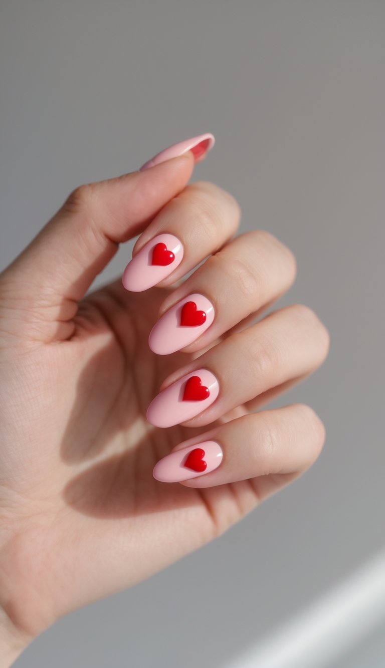 Close-up of a hand with short almond-shaped nails painted light pink, featuring raised glossy red hearts centered on each nail for a fun, romantic vibe.