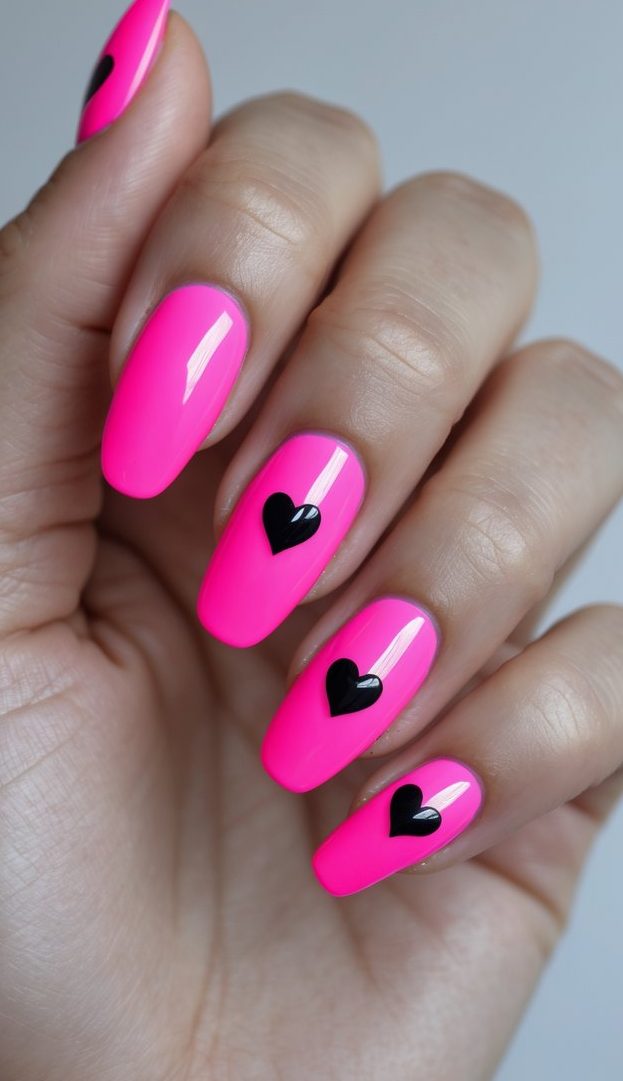 A hand showing off neon pink nails with shiny black heart decals in the center of each nail, capturing a bold and edgy heart nail art idea.
