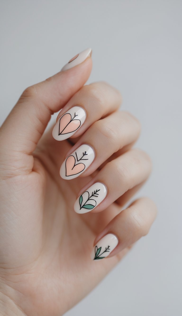 Close-up of a hand with almond-shaped neutral nails featuring outlined heart and leaf sketches in pink and green—an elegant heart nail art idea.