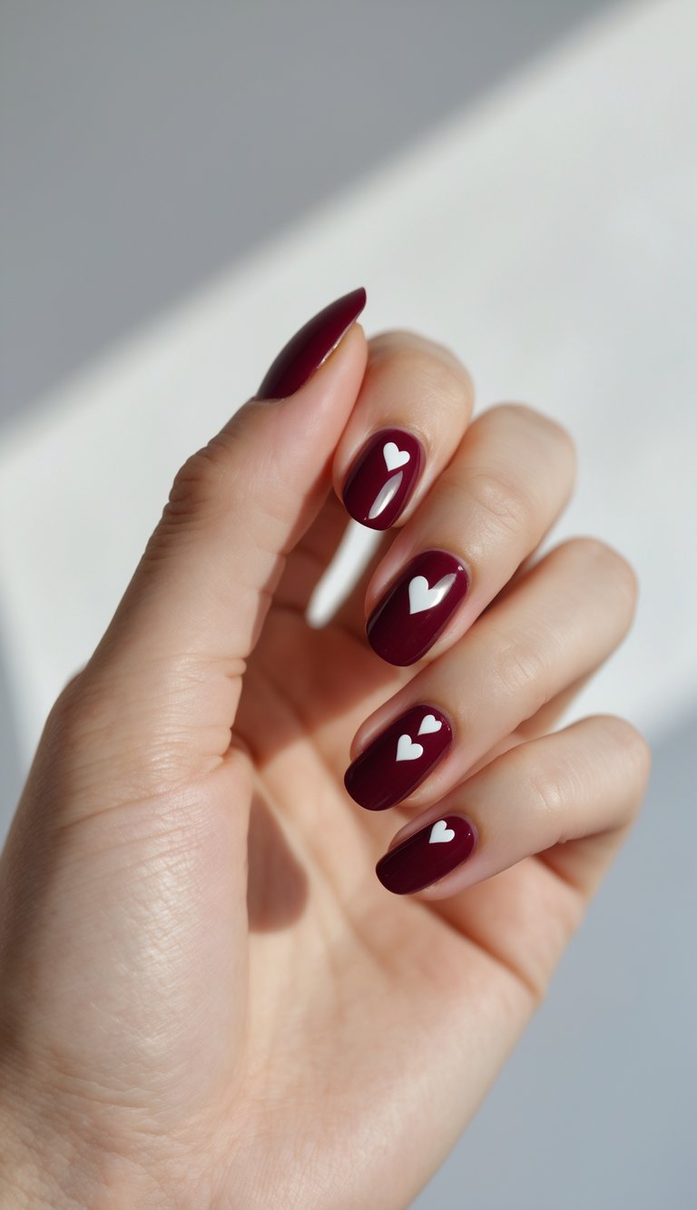 A hand with short, rounded burgundy nails featuring single white hearts on each nail—a romantic and minimal heart nail art idea.