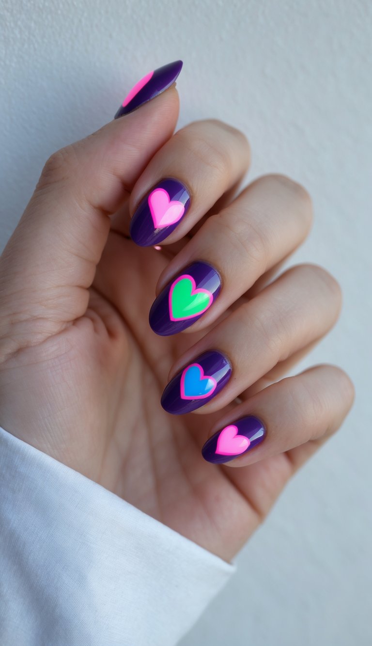 Glossy purple nails on a hand, each styled with oversized neon hearts—pink, green, and blue—showcasing a playful and daring heart nail art idea.