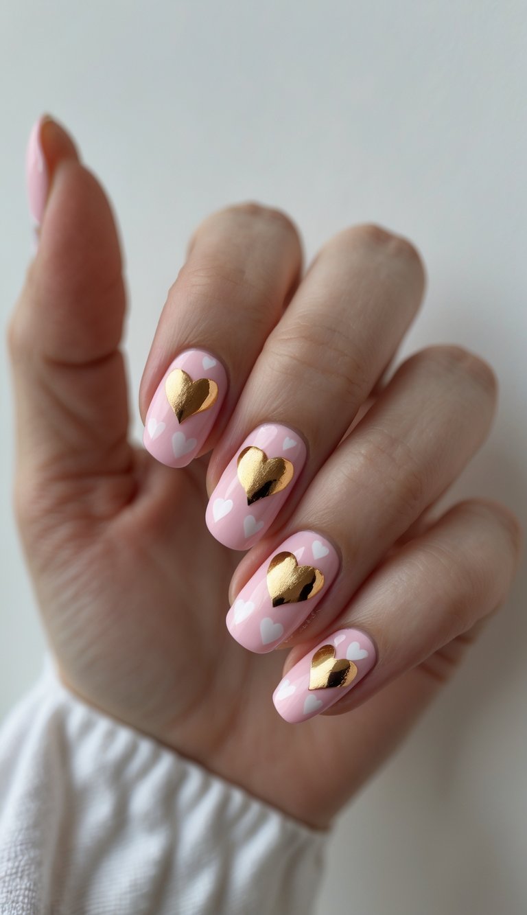 A hand showing glossy pastel pink nails with large metallic gold hearts and tiny white hearts—heart nail art idea blending sweetness with luxury.