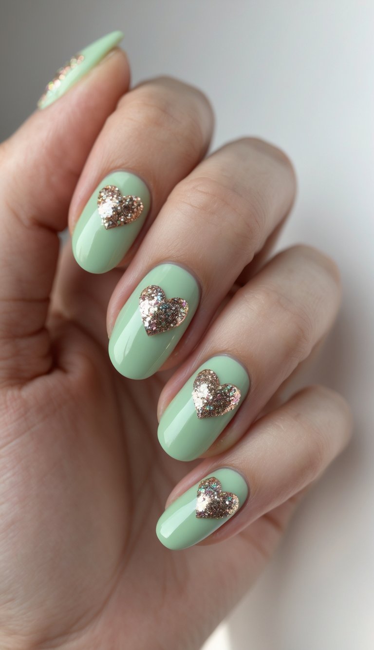Close-up of a hand with shiny mint green nails topped with chunky glitter hearts—heart nail art idea blending freshness and sparkle.
