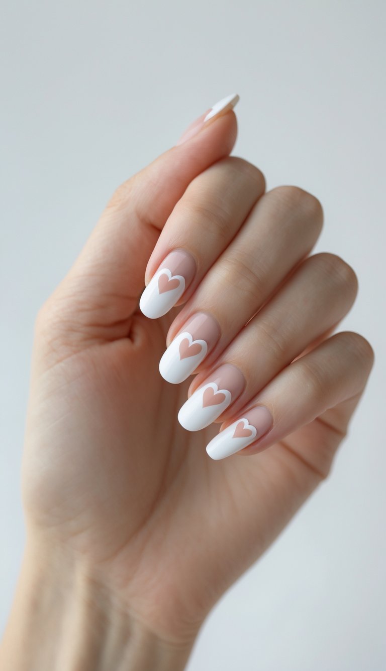 Elegant nude nails with white heart-shaped French tips and negative-space hearts in the center—heart nail art idea that feels sculptural and poetic.