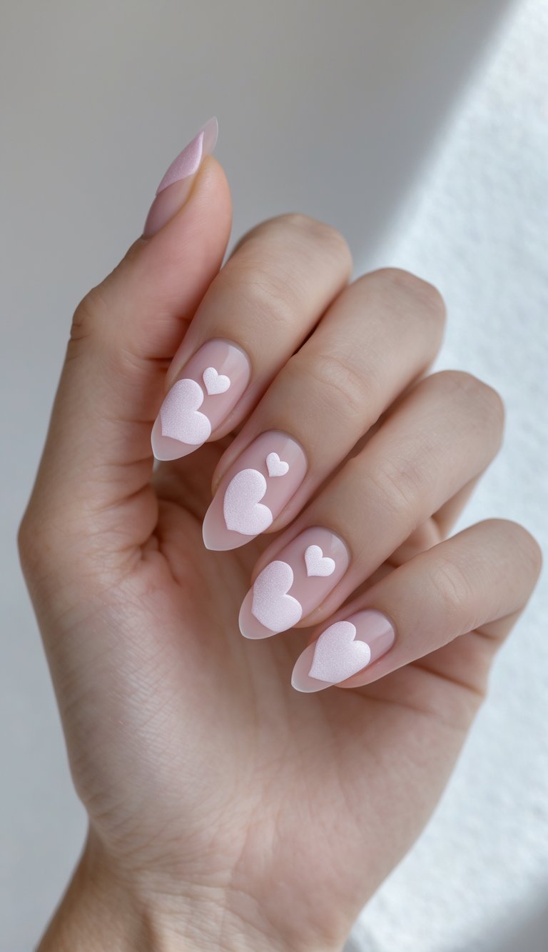 Nude almond nails adorned with overlapping matte baby pink hearts in varying sizes, creating a soft and whimsical heart nail art idea.