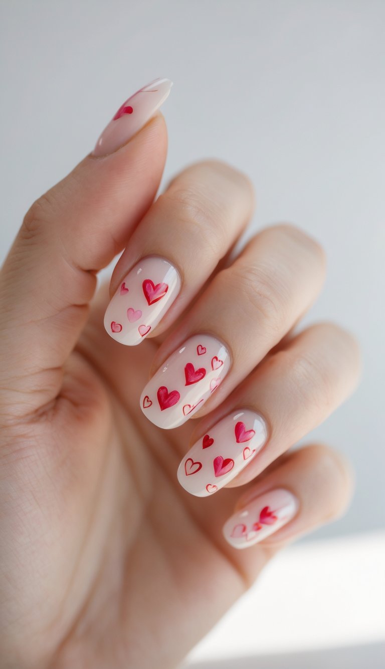 Short almond nails with translucent nude polish, covered in tiny pink and red hand-drawn hearts—an adorable and playful heart nail art idea.