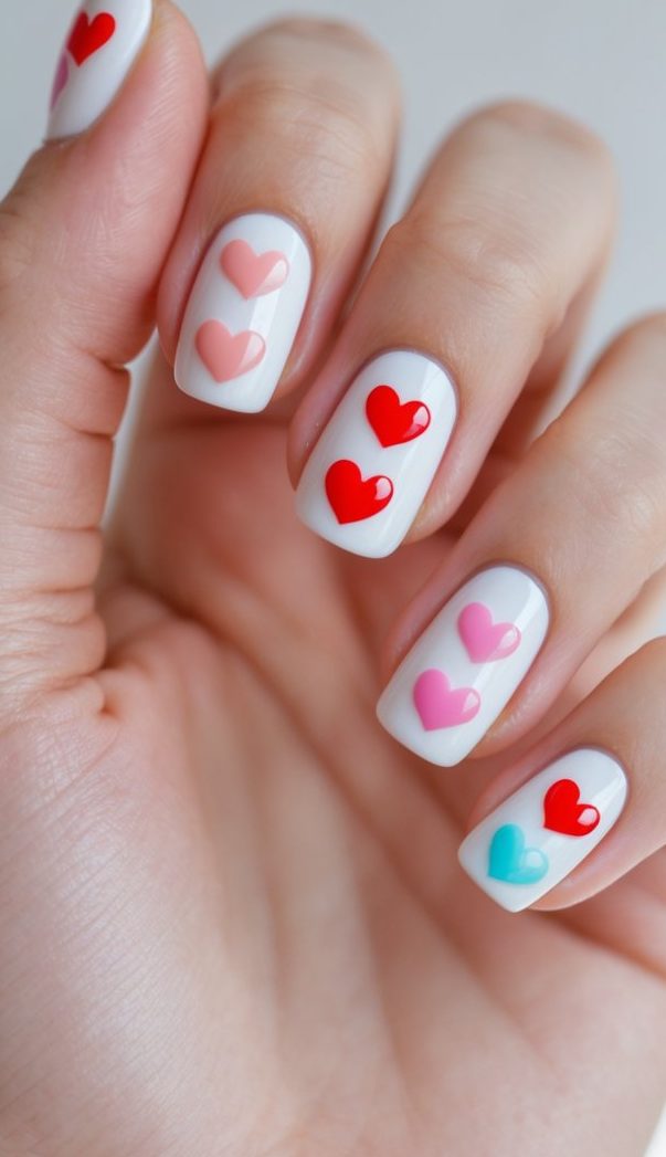 Close-up of one hand with nails painted in colorful heart designs against a white background.