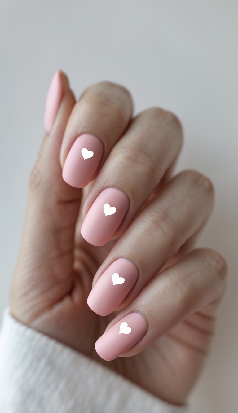 Minimalist heart nail art featuring a matte dusty-pink base with a single white heart on each nail—clean and soft sophistication.