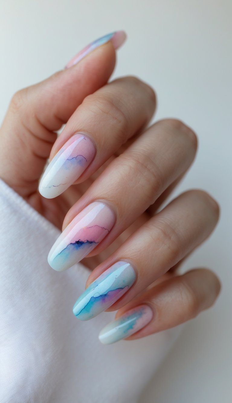 Close-up of a single hand with beautifully painted nails featuring colorful watercolor designs against a white background.