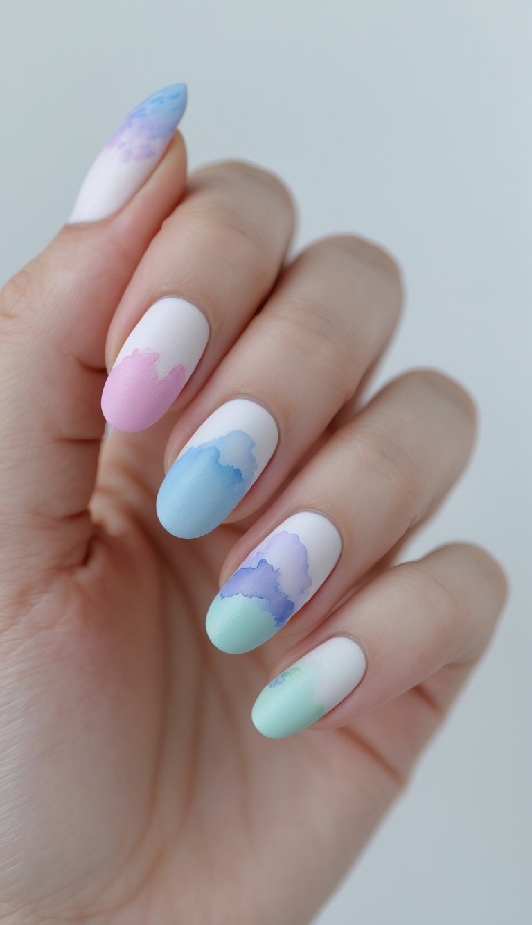 Fingertips with rounded matte nails dipped in pastel shades like cotton pink, mint, and sky blue—perfectly capturing a playful watercolor nail art idea.
