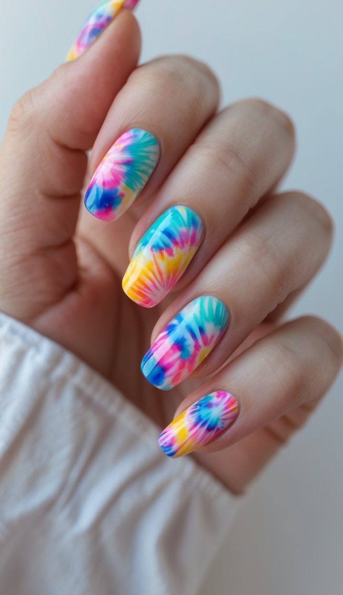 A hand with tie dye nail art idea in sharp, colorful bursts of pink, blue, and yellow, giving off a playful, festival-ready style on oval nails.