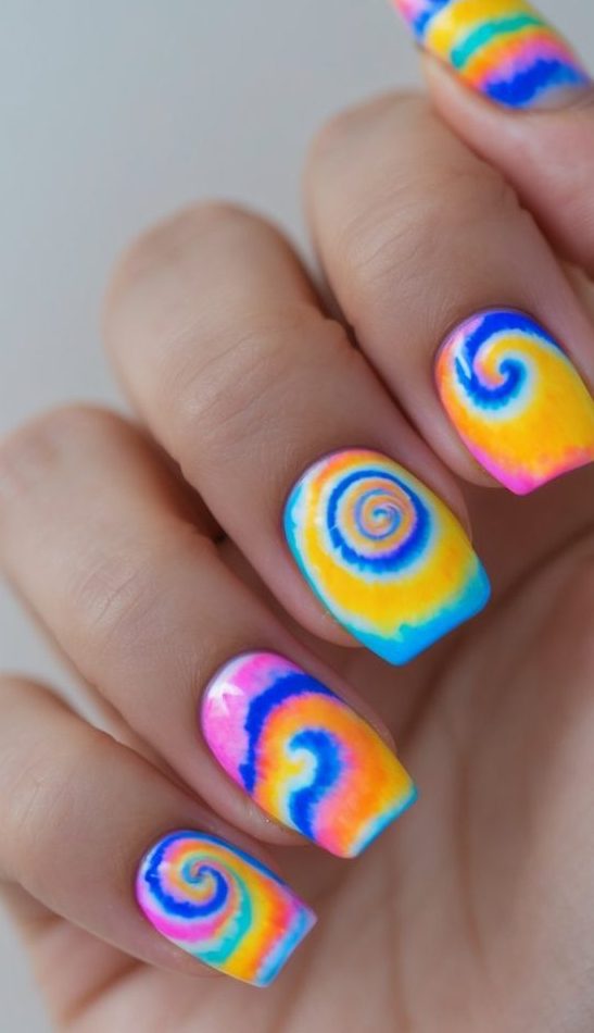 A hand with short square nails, each painted in a vivid spiral tie dye nail art idea using hot pink, blue, yellow, and orange shades.