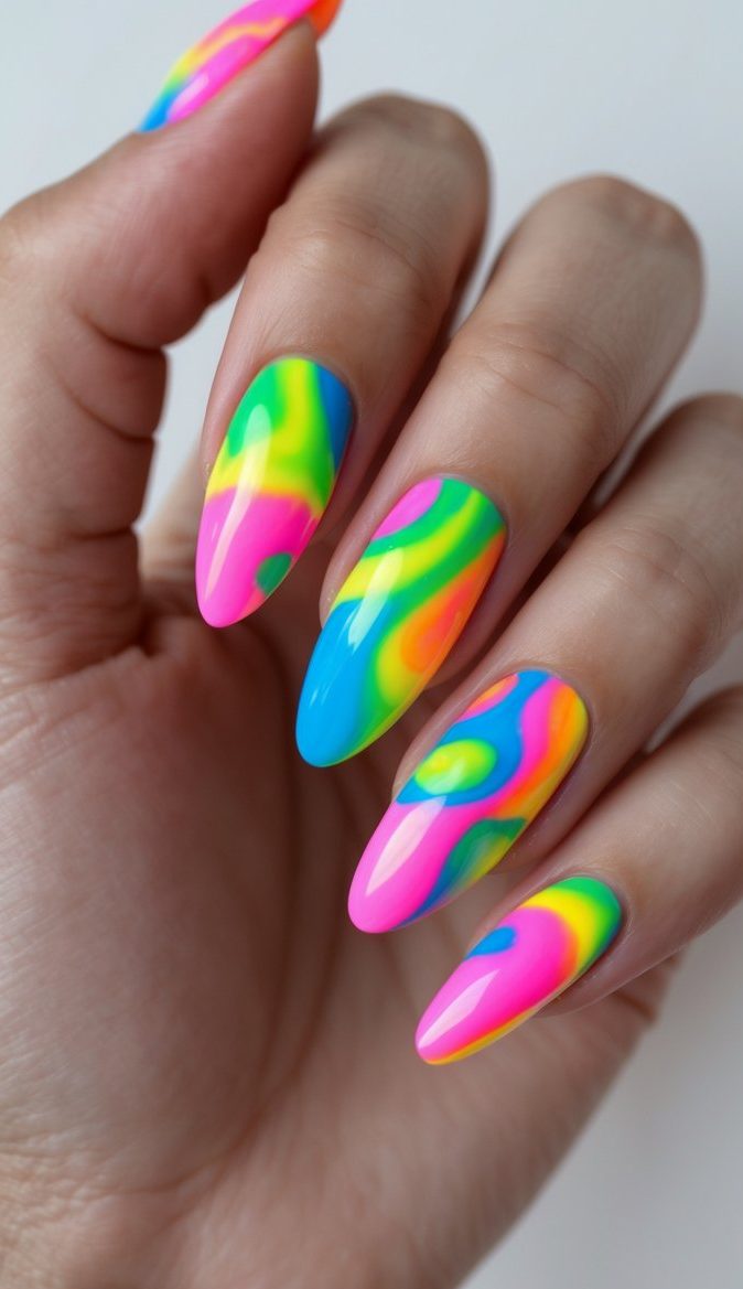 Hand with long almond nails featuring a dramatic tie dye nail art idea using blended neon pink, green, yellow, and blue in wavy psychedelic designs.