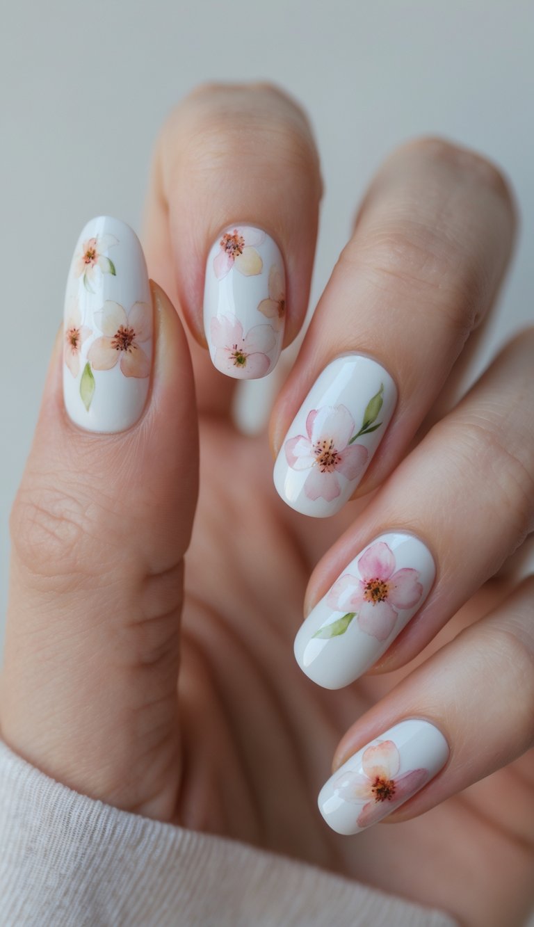 Glossy white nails decorated with watercolor-style pink and peach flowers, shown on a gently curled hand—highlighting a peaceful floral watercolor nail art idea.