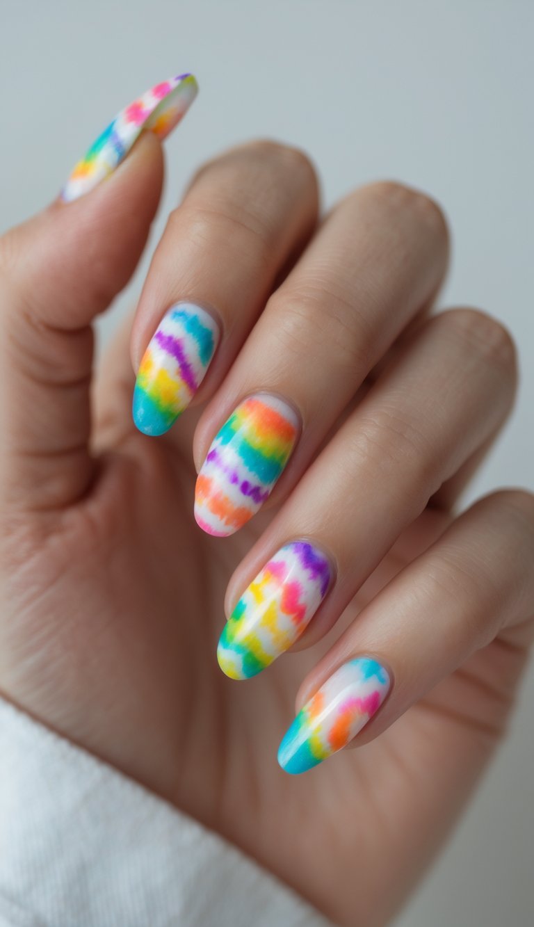 Delicate hand with long rounded nails painted in a tie dye nail art idea featuring soft rainbow gradients and tropical-inspired horizontal brush strokes.