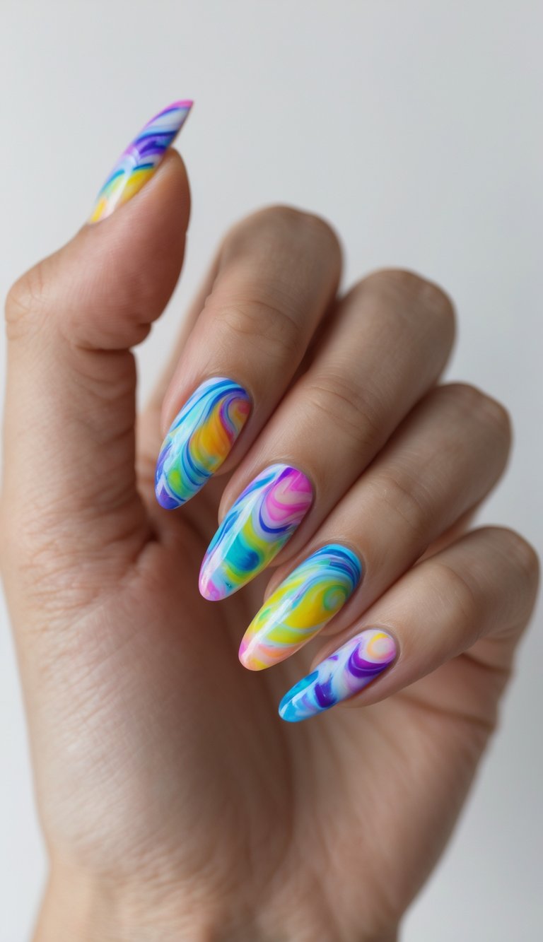 Nails with a tie dye nail art idea that resemble melted rainbow sherbet, blending pastel pink, blue, green, and yellow in a glossy, curved design.