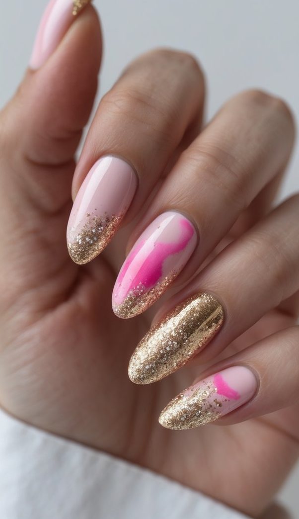 Hand with almond nails in a mix of soft pink, vivid watercolor swirls, and high-shine gold glitter—showcasing a bold and elegant watercolor nail art idea.