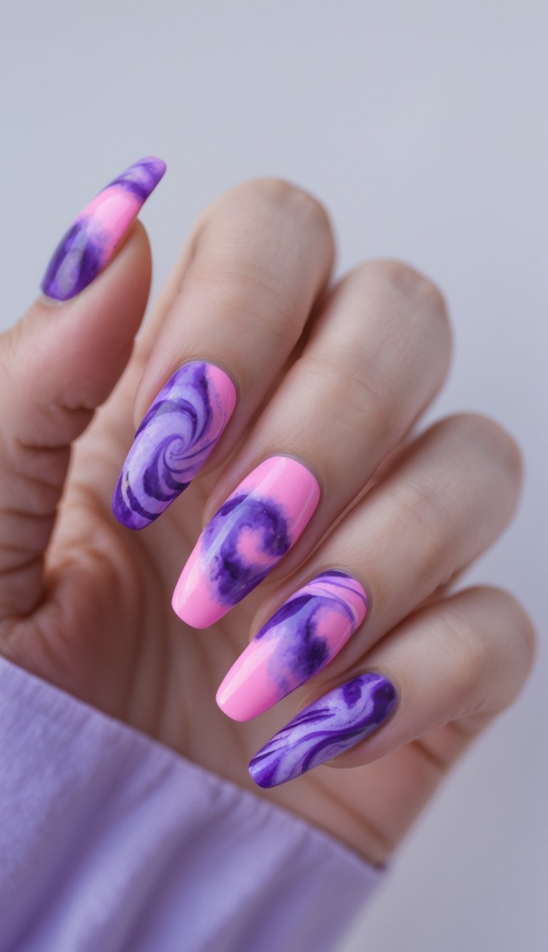 A playful tie dye nail art idea on a hand, featuring long nails in hot pink blended with bright purple marbled spiral accents.