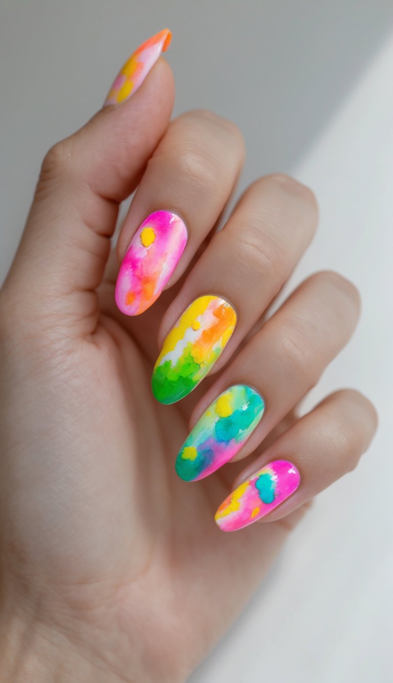 A hand with almond-shaped nails painted in neon splashes of pink, green, and yellow—showcasing a fearless and electric watercolor nail art idea.