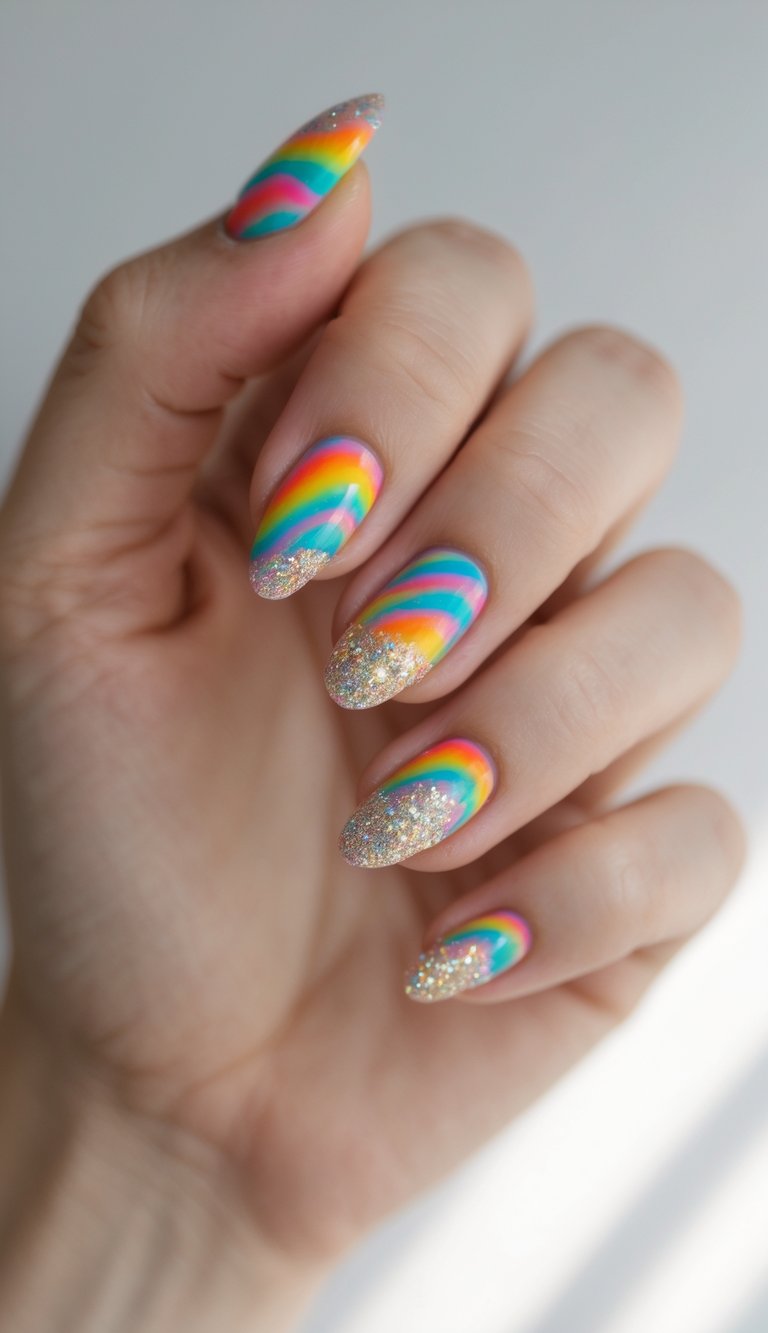 A close-up of a hand showing a tie dye nail art idea with rainbow lines and shimmering silver glitter accents on long rounded nails.