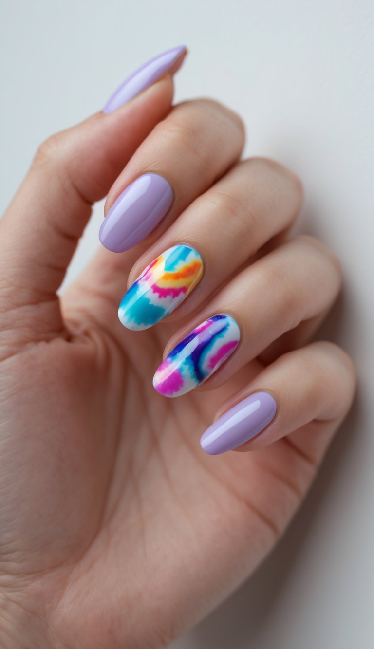 Elegant hand with alternating nails in soft lilac polish and a tie dye nail art idea in vivid rainbow tones, styled on two middle fingers.