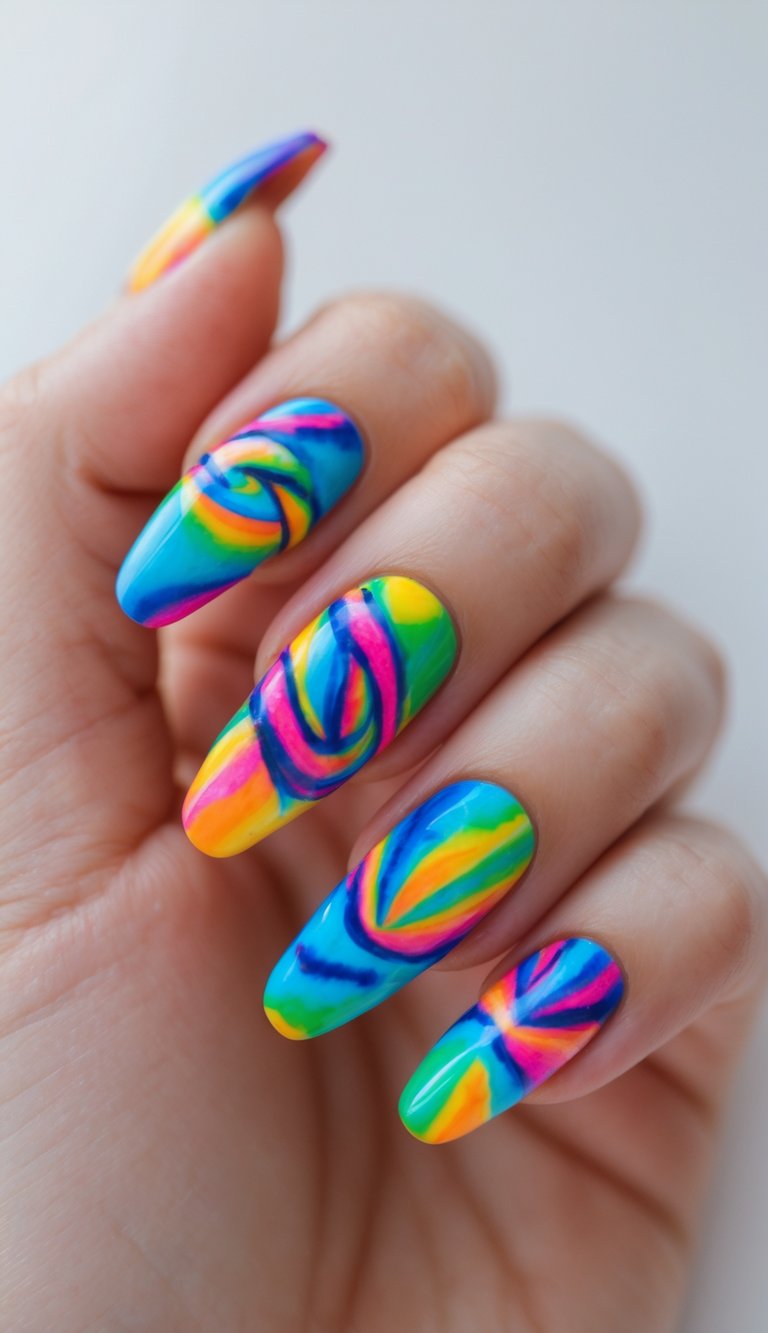 Hand showcasing tie dye nail art idea in swirling neon hues of magenta, cyan, green, and yellow over a glossy base, styled on long nails.