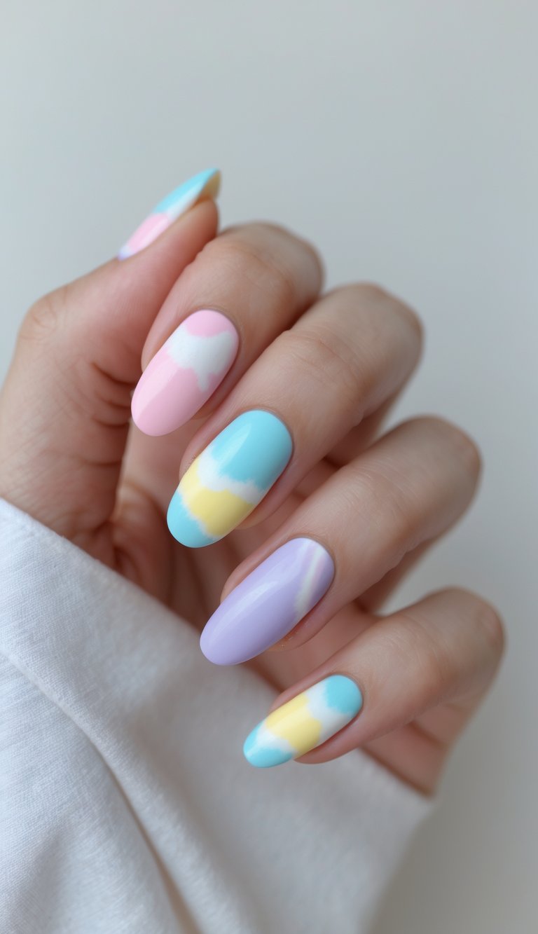 Hand with long almond-shaped nails showcasing a tie dye nail art idea in airy pastel tones of pink, blue, yellow, and lilac with cloudlike patterns.