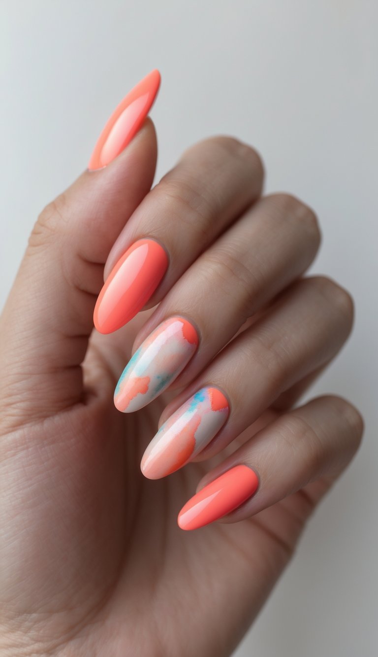 Almond-shaped nails with coral polish and pastel watercolor accents in soft blue and peach, shown on a hand—highlighting a playful watercolor nail art idea.