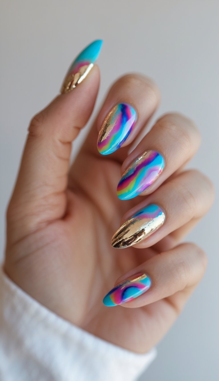 Close-up of hand showing tie dye nail art idea with swirling rainbow tones and layered gold foil over almond-shaped nails for a luxe modern finish.