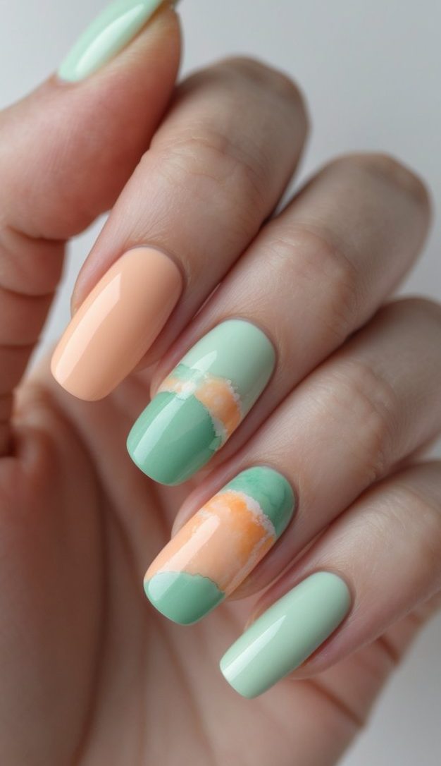 Hand with alternating pastel nails where peach blends into green in a soft ombré watercolor style—giving a breezy, spring-ready nail art look.