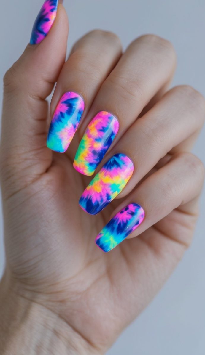 Hand posed with long square nails in a tie dye nail art idea featuring chaotic yet balanced swirls of neon blue, pink, and yellow.