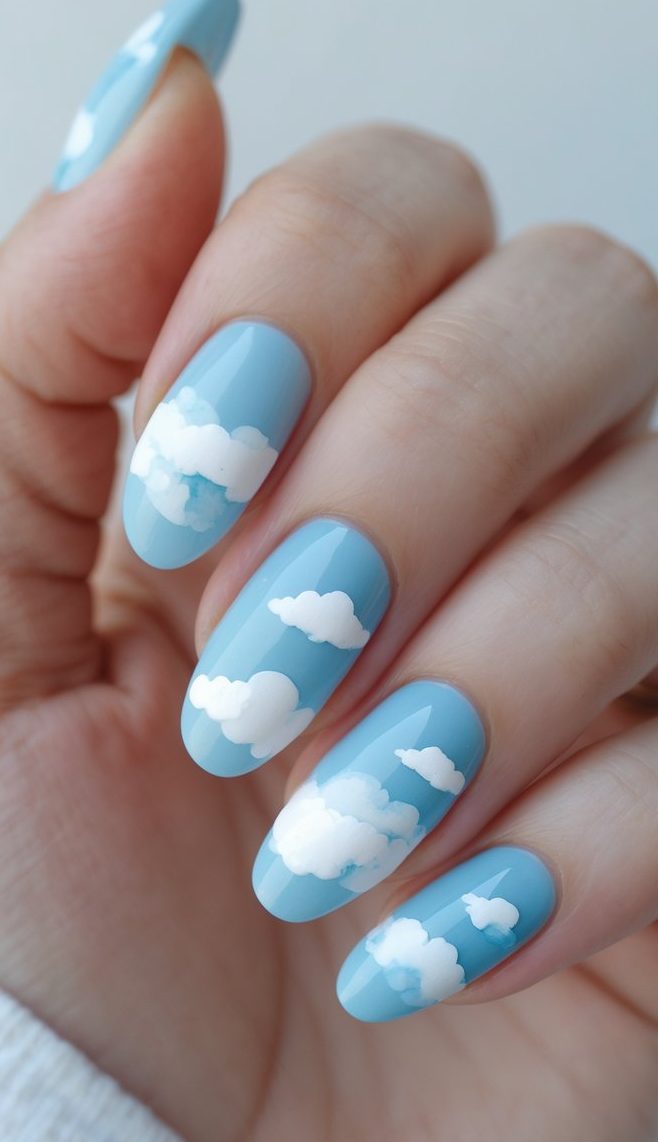 Hand with rounded nails painted in sky blue and adorned with fluffy white clouds, blending slightly at the edges for a dreamy watercolor nail art idea.