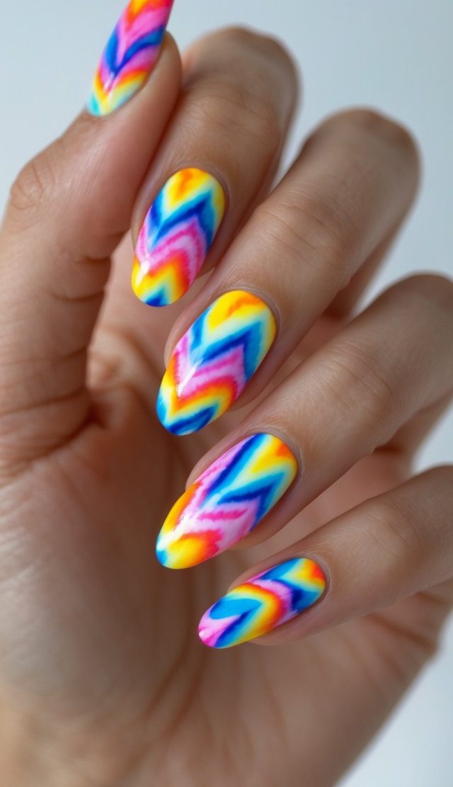 Hand captured in focus, featuring almond nails with a tie dye nail art idea of bright chevron patterns in multicolored neon gradients.