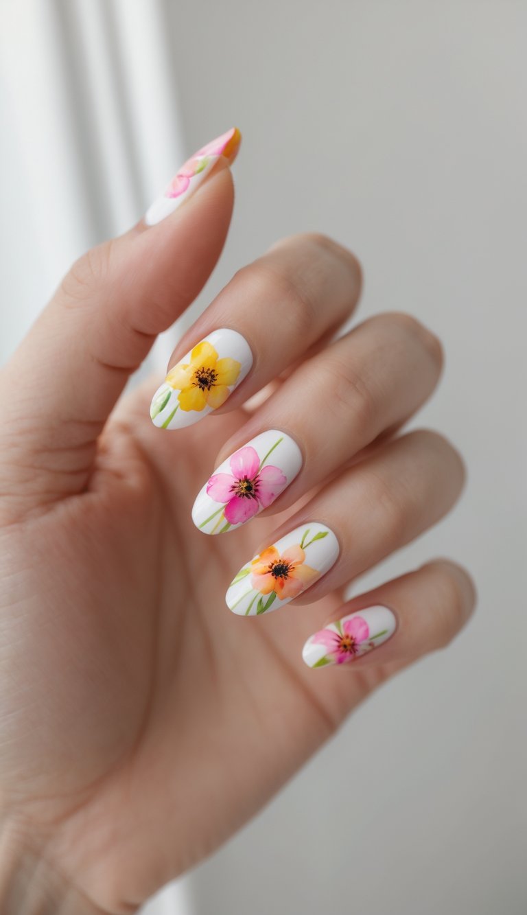 A close-up of fingers with long oval nails painted in a watercolor nail art idea, showing detailed flowers in bright pink, orange, and yellow over white.
