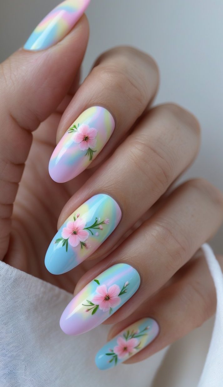 Almond-shaped nails feature a tie dye nail art idea with pastel shades fading into one another, each nail detailed with a small pink blossom.