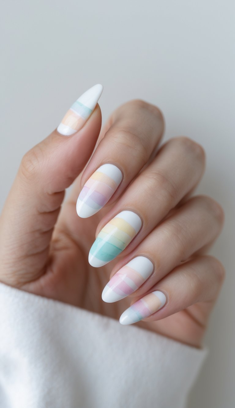 Hand posing with pastel-striped nails in mint green, blush peach, soft yellow, and lilac on a white background — illustrating a spring-inspired watercolor nail art idea.