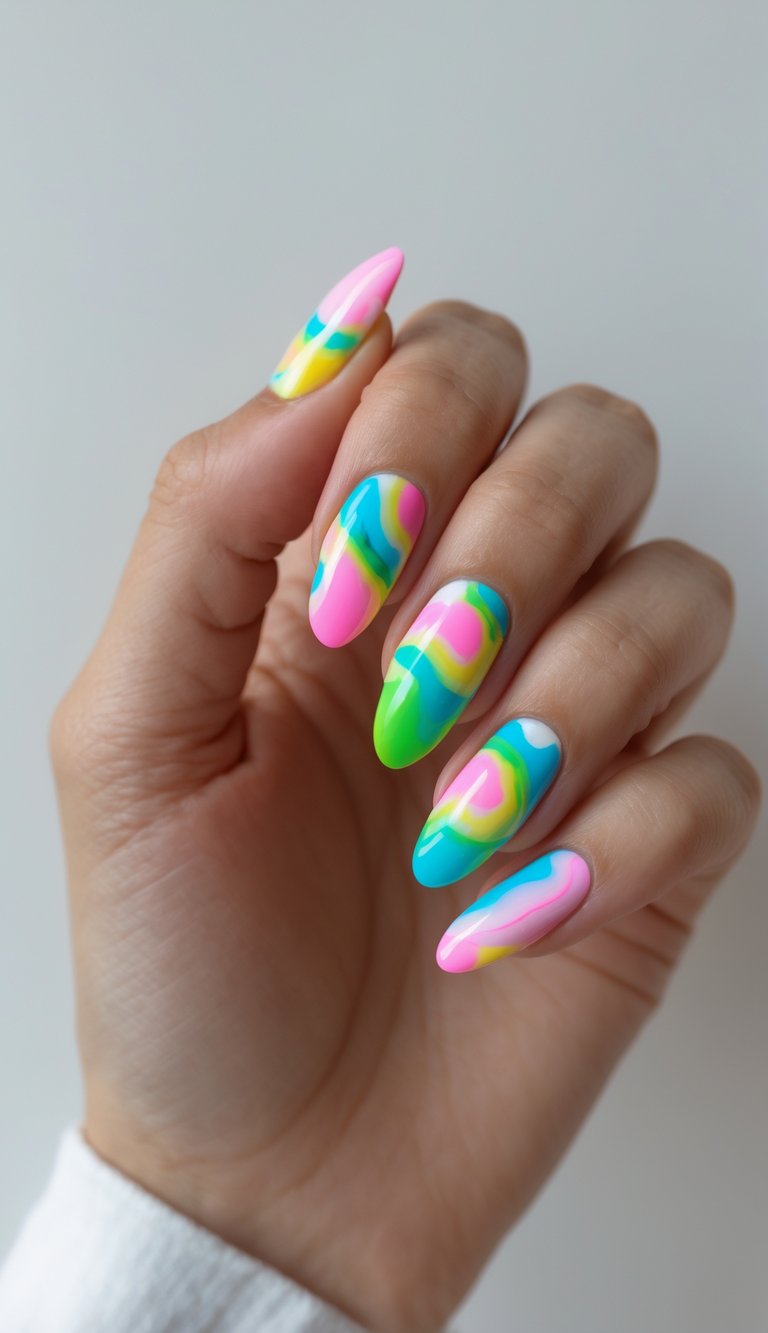 A hand with almond-shaped nails featuring a tie dye nail art idea in electric neon shades of green, pink, blue, and yellow with glossy finish.