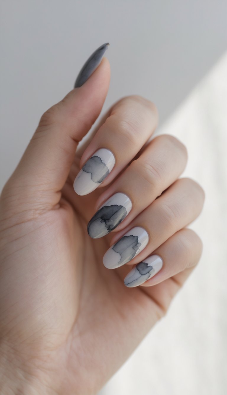 Monochrome watercolor nail art idea featuring soft gray and black cloud-like forms layered on nude nails with a clean, rounded shape.