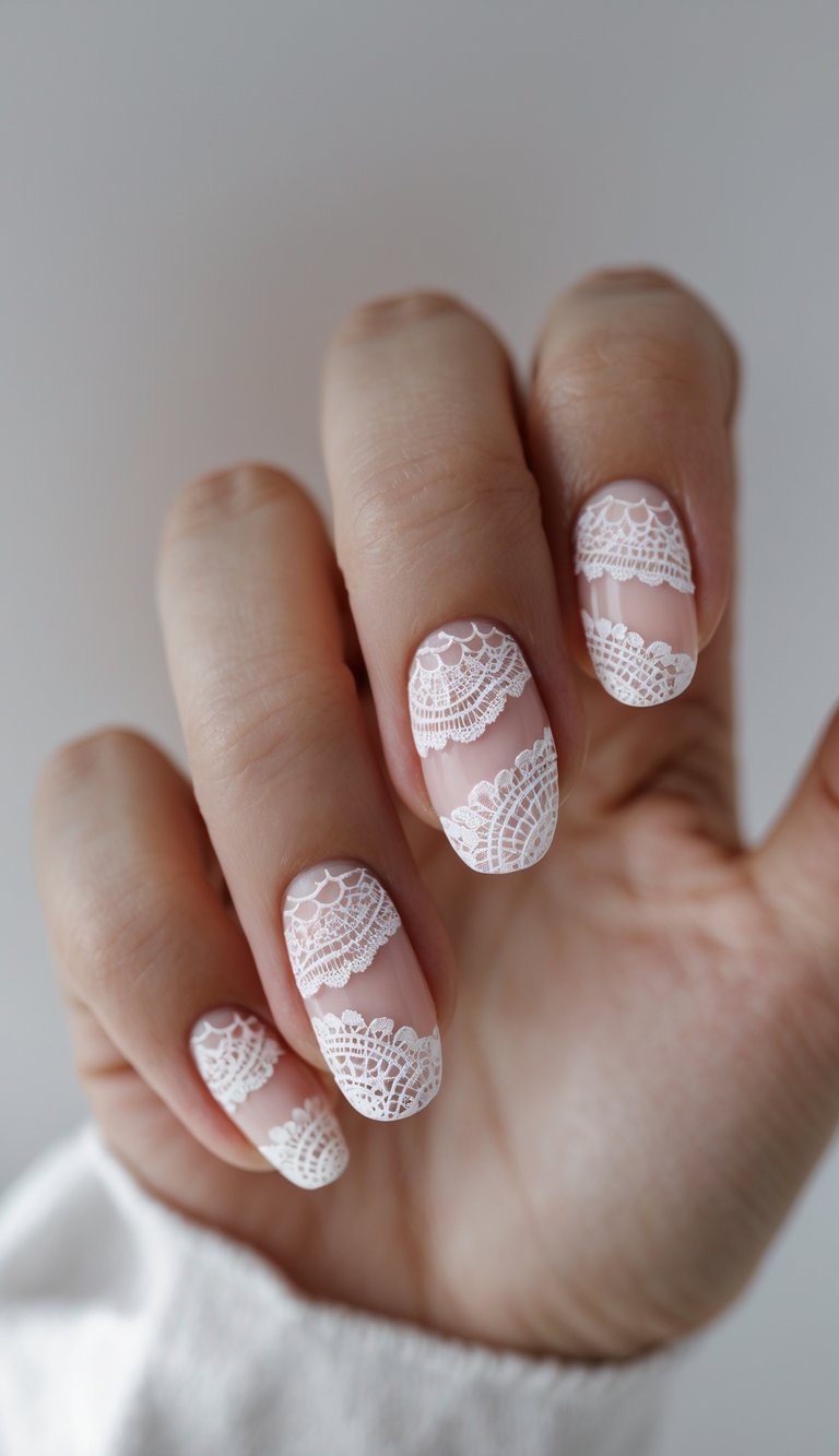 A hand with short almond-shaped nails painted in nude polish, each one adorned with delicate white lace detailing, creating a soft, vintage-inspired lace nail art idea.