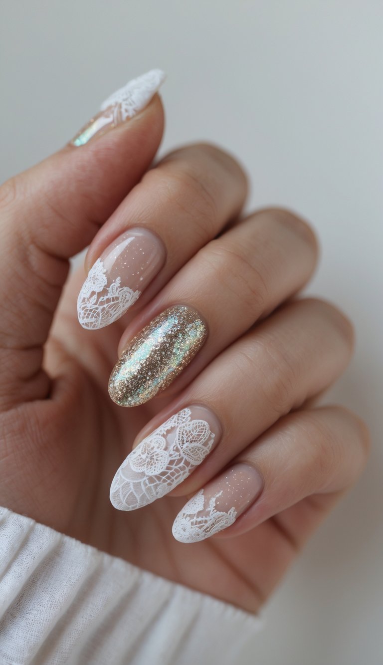 Close-up of a hand with almond-shaped nails featuring white lace patterns on a nude base and one striking gold chrome accent nail—a chic lace nail art idea.