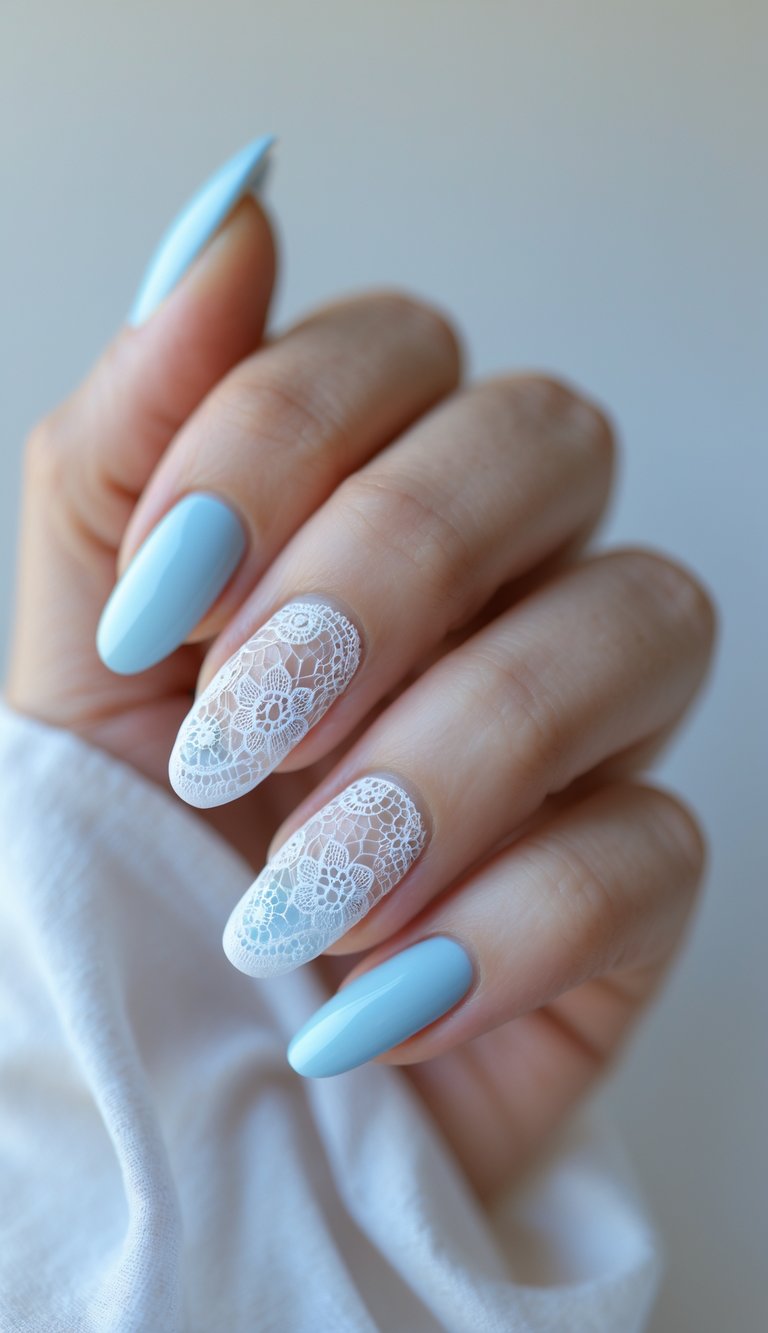 Close-up of a chic lace nail art idea featuring alternating sky blue nails and transparent nails adorned with white lace floral patterns.