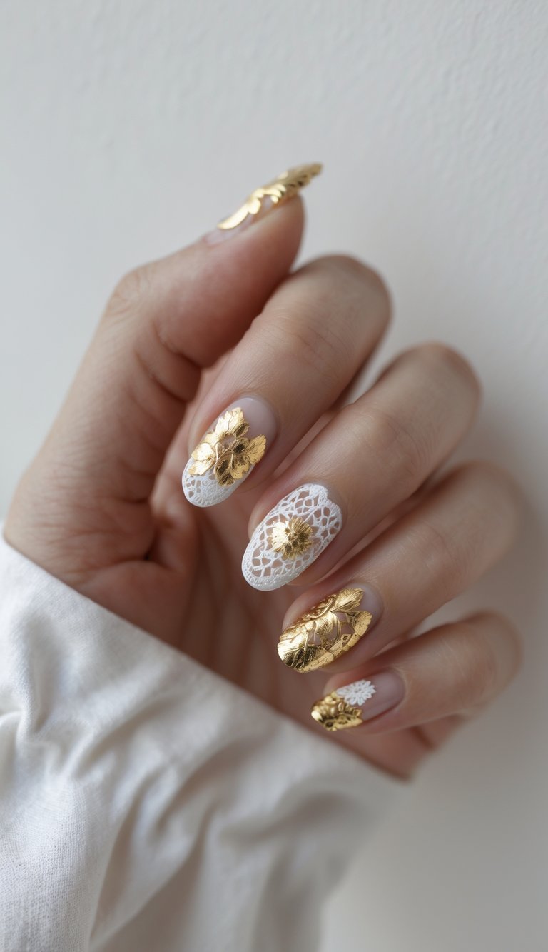 Elegant hand with artistic nails, combining metallic gold floral designs and intricate white lace, illustrating a luxurious lace nail art idea.