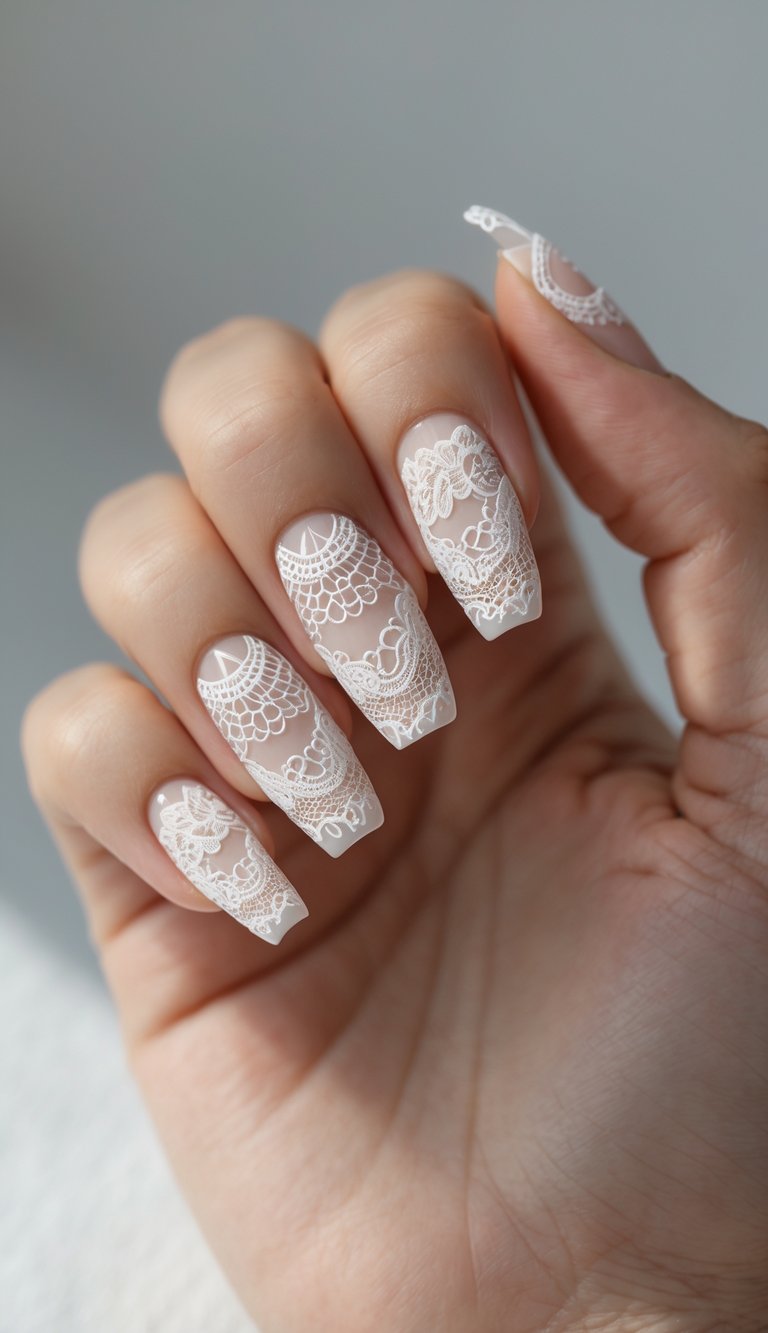 A hand features a lace nail art idea on sheer nude nails with intricately layered white lace designs and long square tips glowing in natural light.