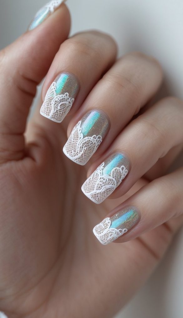 Hand with a lace nail art idea using shimmery blue chrome base and white lace patterns at the tips, resembling frozen floral embroidery on nails.