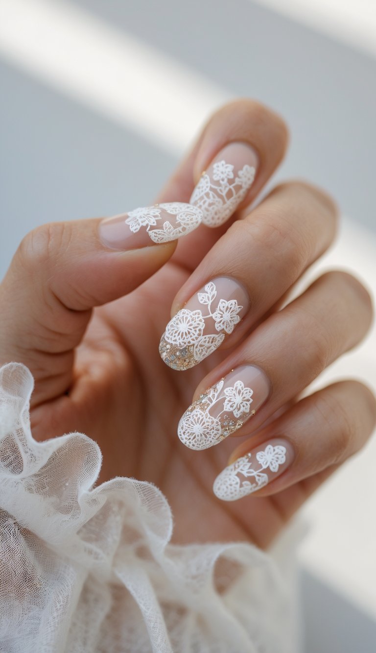 Elegant fingers with lace nail art idea featuring semi-transparent nude polish, white floral lace detailing, and fine golden sparkles across soft almond-shaped nails.